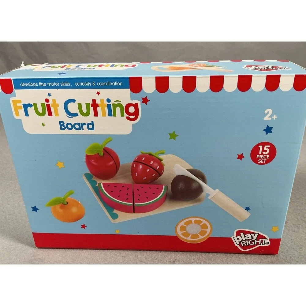 Play Right Fruit Cutting Board 15 Piece Wooden Pretend Food Play Set Ages 2+ New